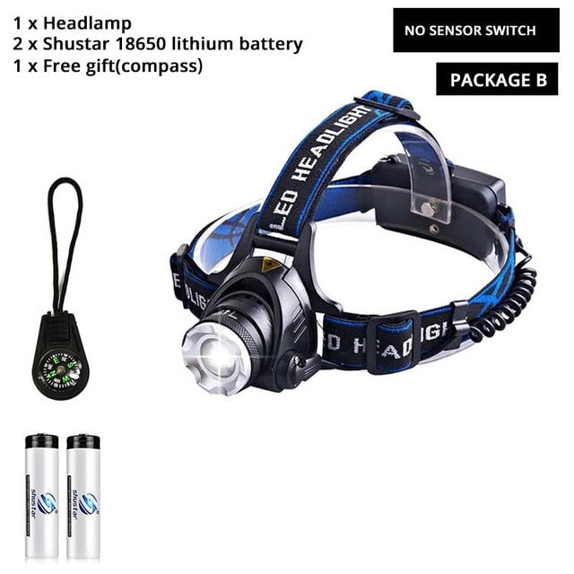 LED Headlamp Fishing Headlight T6/L2/V6 3 Modes Zoomable Waterproof Super bright camping light Powered by 2x18650 batteries